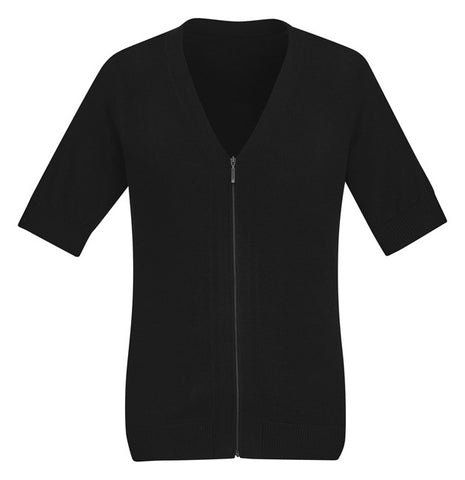 Zip Front Womens Short Sleeve Knit Cardigan in Black
