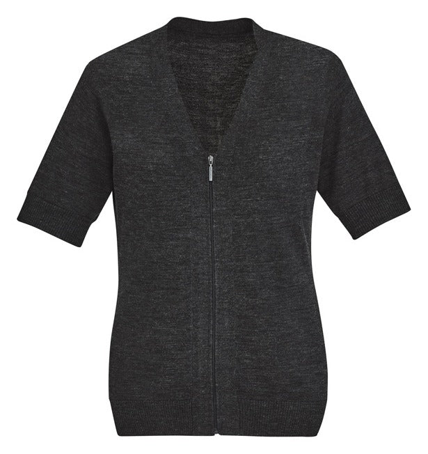 Zip Front Womens Short Sleeve Knit Cardigan Charcoal front view