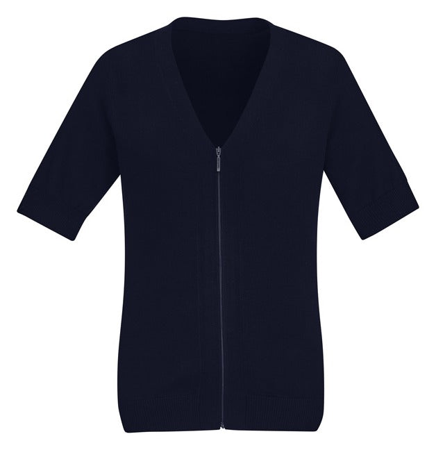 Zip Front Womens Short Sleeve Knit Cardigan Navy front view