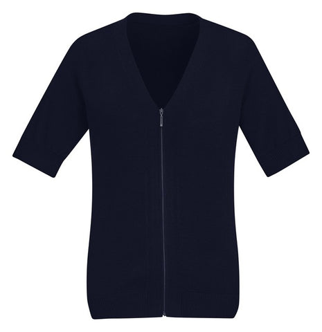Zip Front Womens Short Sleeve Knit Cardigan Navy front view
