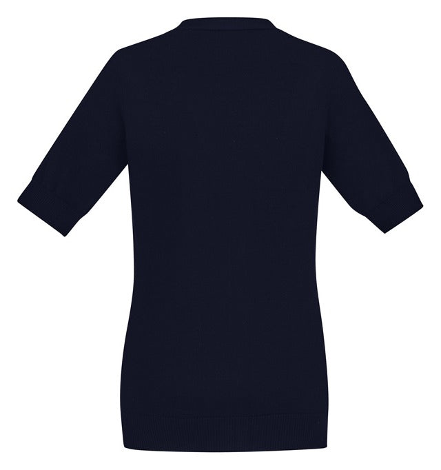 Zip Front Womens Short Sleeve Knit Cardigan Navy back view
