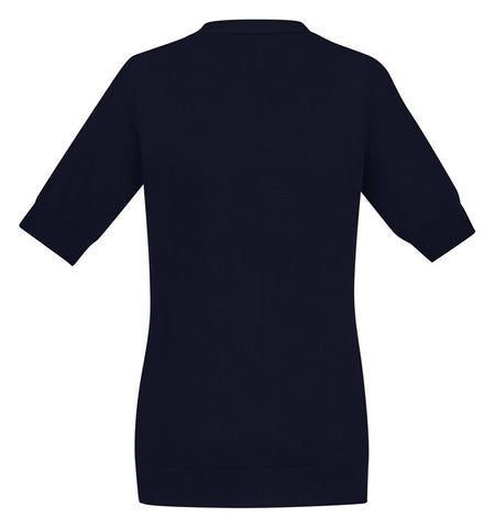 Zip Front Womens Short Sleeve Knit Cardigan Navy back view