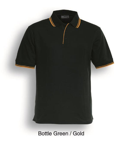 Unisex Adults Double Striped Polo in Bottle Green/Gold
