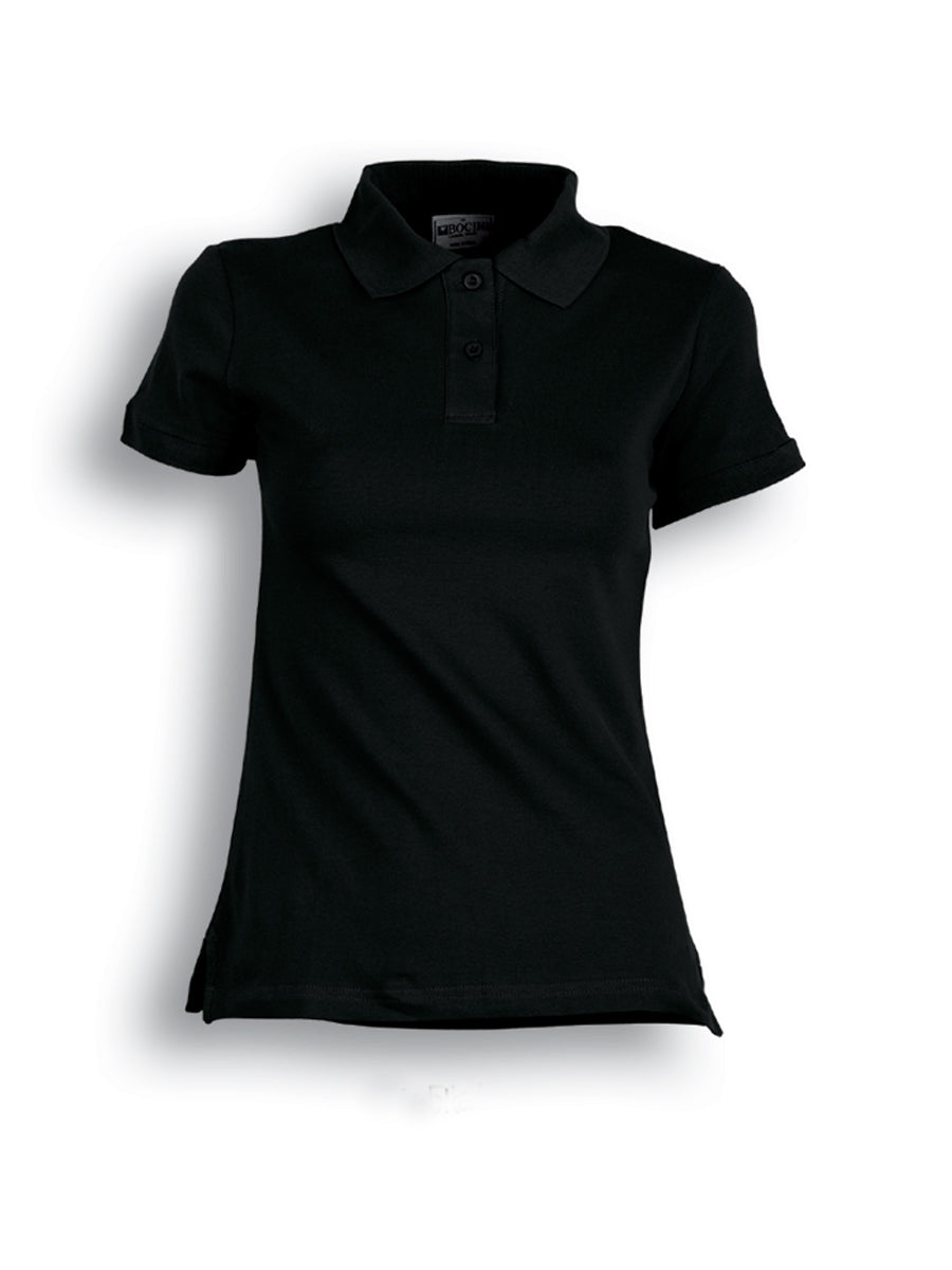 Ladies Pique Knit Fitted Cotton / Spandex Polo in Black