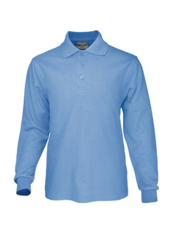 Kids Plain Colour Poly Face Cotton Backing L/S Polo in Sky Blue