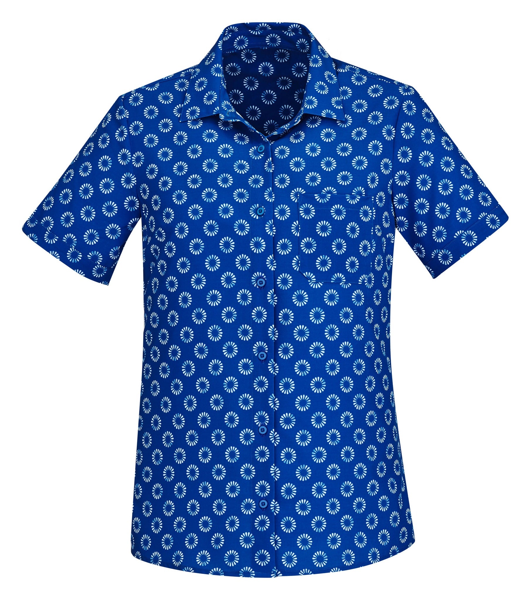 Florence Womens Daisy Print Short Sleeve Shirt Electric Blue front view