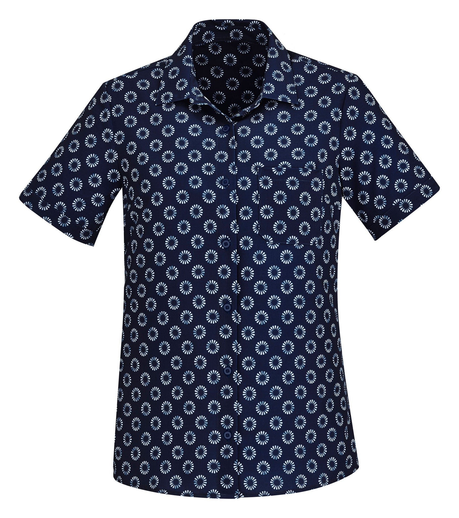 Florence Womens Daisy Print Short Sleeve Shirt Navy front view