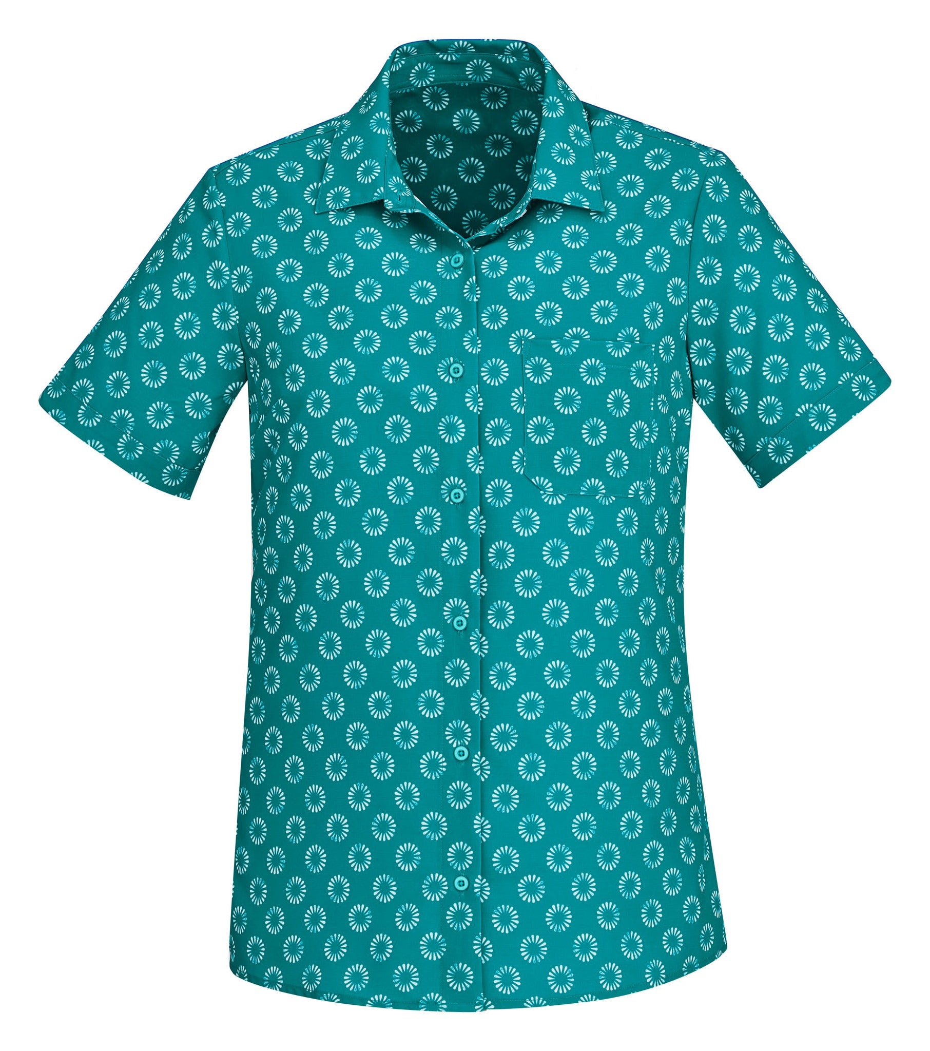 Florence Womens Daisy Print Short Sleeve Shirt Teal front view