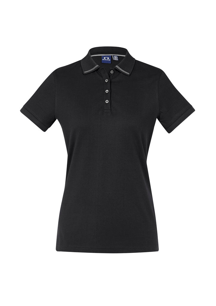 Aston Womens Short Sleeve Polo Black/Silver Grey front view