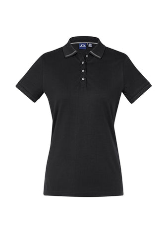 Aston Womens Short Sleeve Polo Black/Silver Grey front view