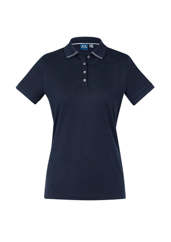 Aston Womens Short Sleeve Polo Navy/Silver Grey front view