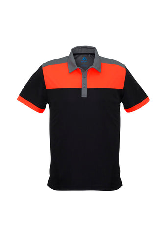 Charger Mens Short Sleeve Polo Black/Fluoro Orange/Grey front view