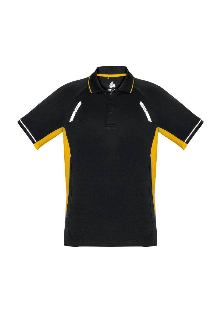 Renegade Mens Short Sleeve Polo Black/Gold/Silver front view