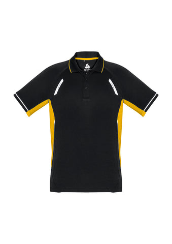 Renegade Mens Short Sleeve Polo Black/Gold/Silver front view