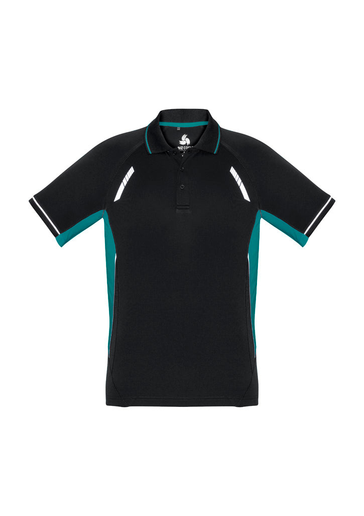 Renegade Mens Short Sleeve Polo Black/Teal/Silver front view