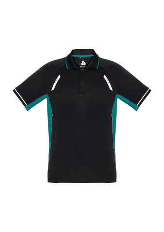 Renegade Mens Short Sleeve Polo Black/Teal/Silver front view