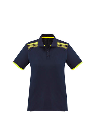 Galaxy Womens Short Sleeve Polo Navy/Fluoro Yellow front view