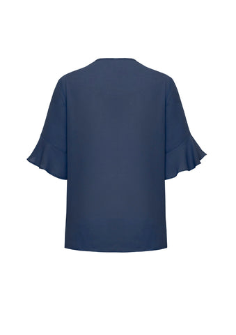 Aria Womens Fluted Sleeve Blouse Storm Blue back view