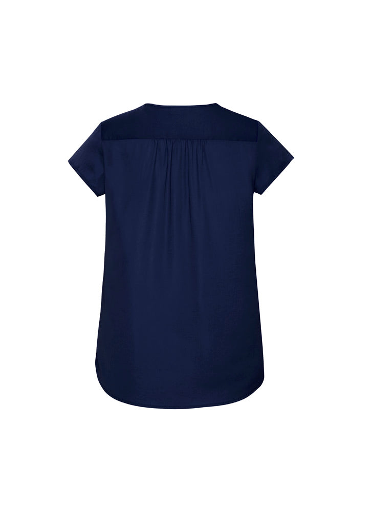 Kayla Womens V-Neck Pleat Blouse Navy back view