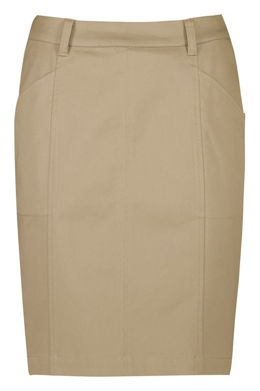 Traveller Womens Mid Waist Stretch Chino Skirt Desert front view