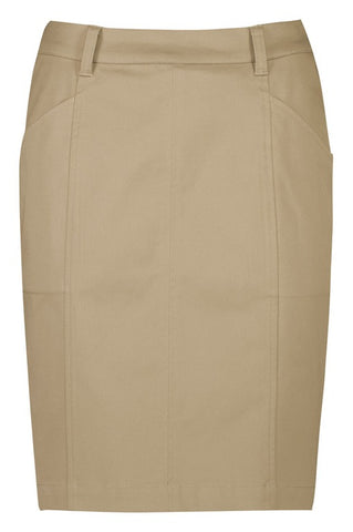 Traveller Womens Mid Waist Stretch Chino Skirt Desert front view