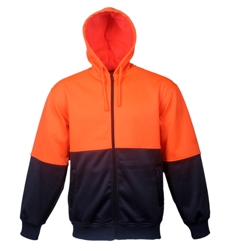 Unisex Adults Hi-Vis Full Zip Hoodie in Orange/Navy