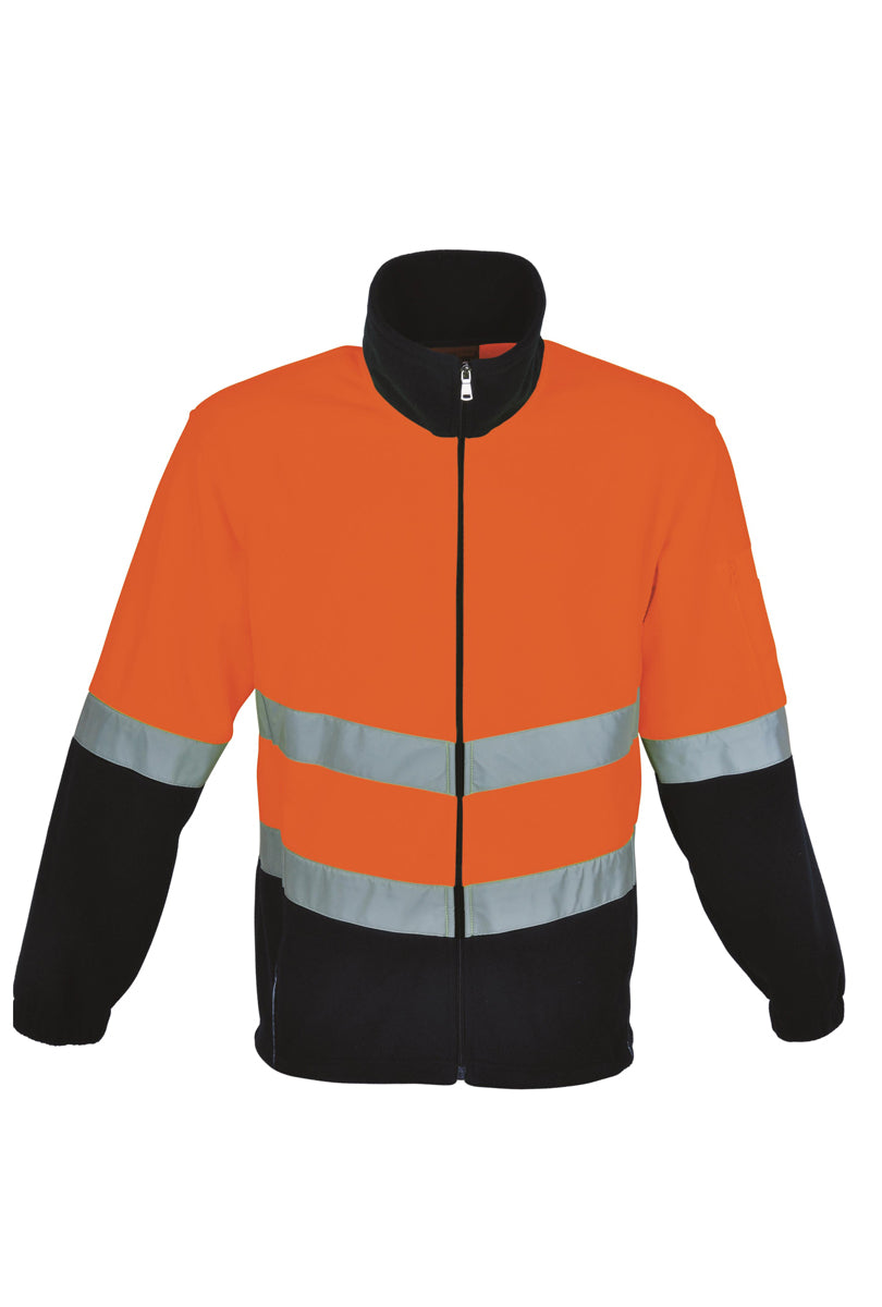 Unisex Adults Hi-Vis Full Zip Polar Fleece With reflective tape in Orange/Navy