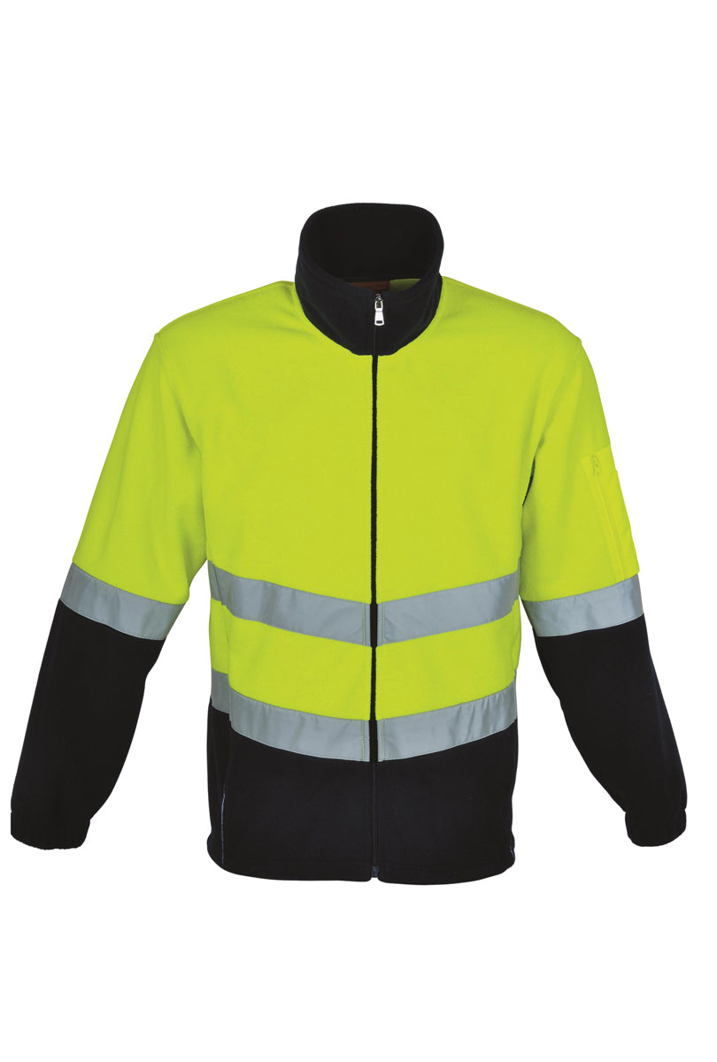 Unisex Adults Hi-Vis Full Zip Polar Fleece With reflective tape in Yellow/Navy