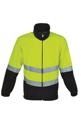 Unisex Adults Hi-Vis Full Zip Polar Fleece With reflective tape in Yellow/Navy