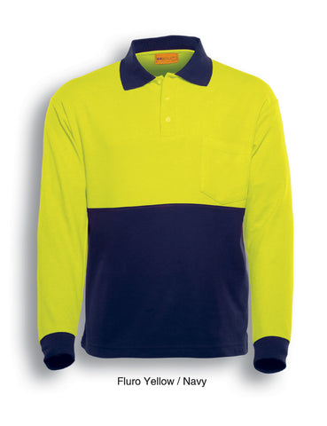 Unisex Adults Hi-Vis Poly/Cotton Polo - L/S in Yellow/Navy