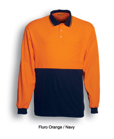 Unisex Adults Hi-Vis Polyface / Cotton Back Polo - L/S in Orange/Navy