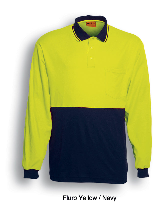 Unisex Adults Hi-Vis Polyface / Cotton Back Polo - L/S in Yellow/Navy