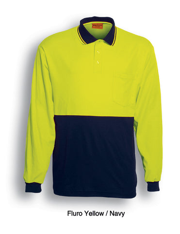 Unisex Adults Hi-Vis Polyface / Cotton Back Polo - L/S in Yellow/Navy