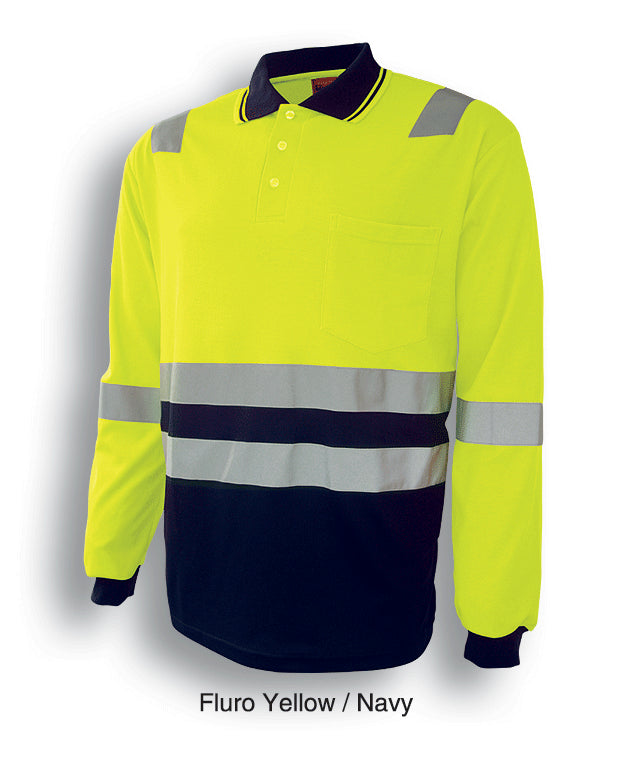 Unisex Adults Hi-Vis Polyface / Cotton Back Polo With Reflective Tape in Yellow/Navy