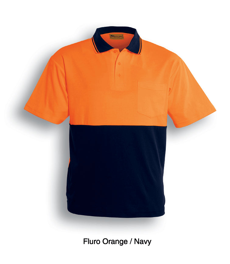 Unisex Adults Hi-Vis Polyface / Cotton Back Polo - S/S in Orange/Navy