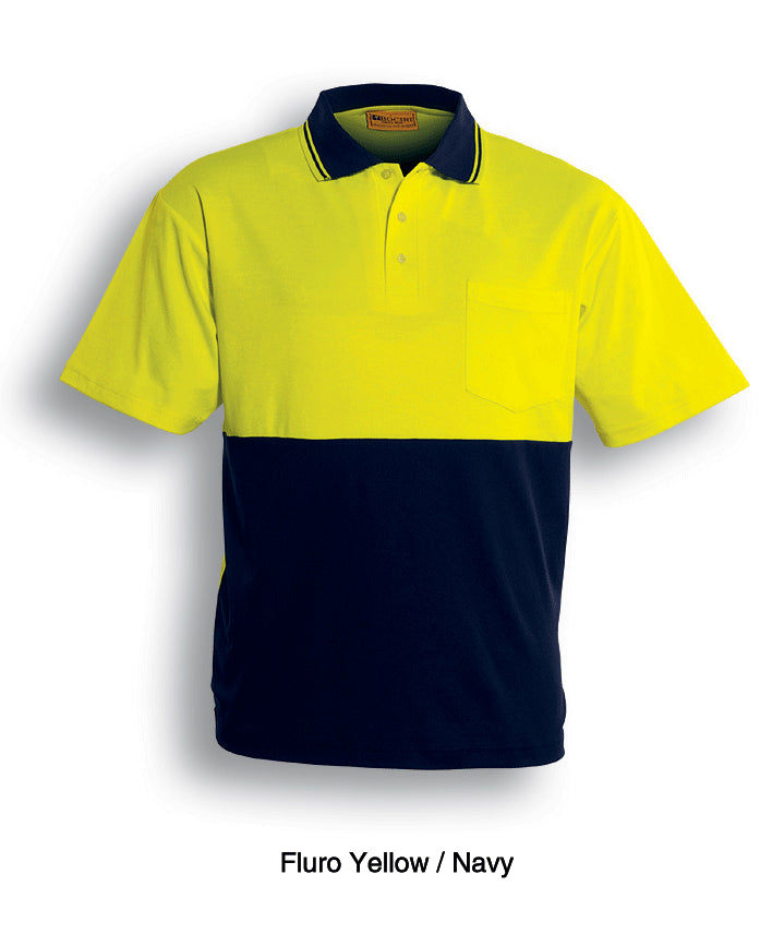 Unisex Adults Hi-Vis Polyface / Cotton Back Polo - S/S in Yellow/Navy