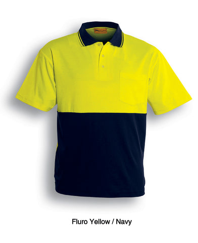 Unisex Adults Hi-Vis Polyface / Cotton Back Polo - S/S in Yellow/Navy
