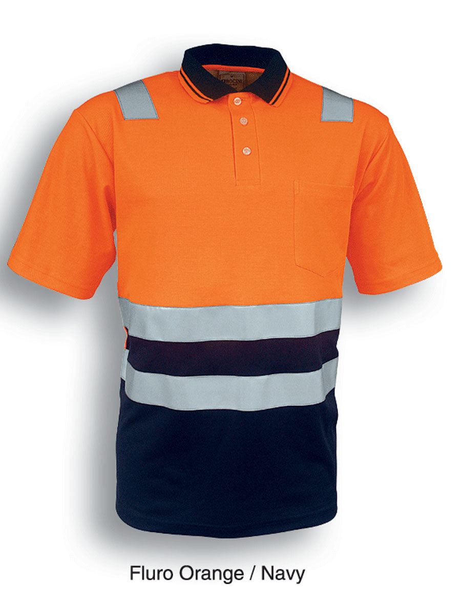 Unisex Adults Hi-Vis Polyface / Cotton Back Polo With Reflective Tape in Orange/Navy