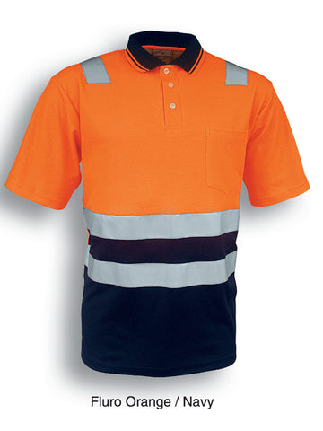 Unisex Adults Hi-Vis Polyface / Cotton Back Polo With Reflective Tape in Orange/Navy
