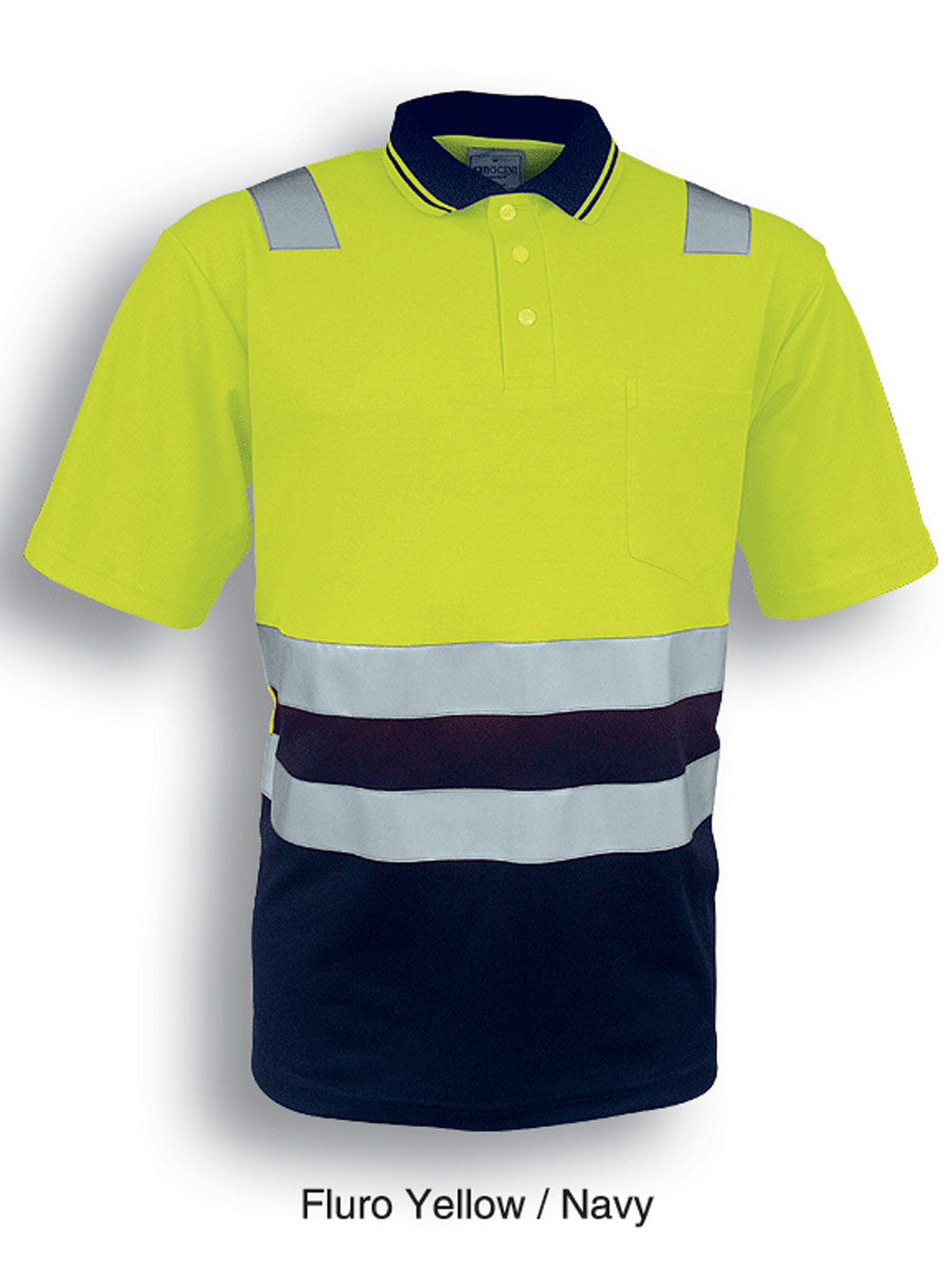 Unisex Adults Hi-Vis Polyface / Cotton Back Polo With Reflective Tape in Yellow/Navy