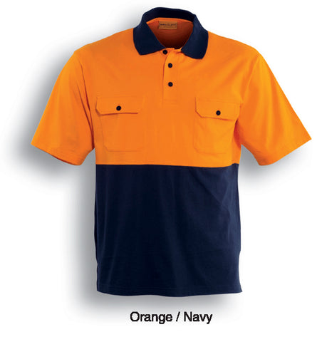 Unisex Adults Hi-Vis Cotton Jersey Polo S/S in Orange/Navy