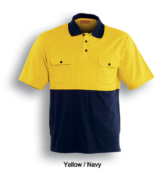 Unisex Adults Hi-Vis Cotton Jersey Polo S/S in Yellow/Navy