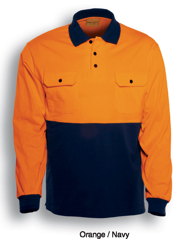 Unisex Adults Hi-Vis Cotton Jersey Polo L/S in Orange/Navy