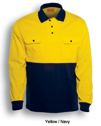 Unisex Adults Hi-Vis Cotton Jersey Polo L/S in Yellow/Navy