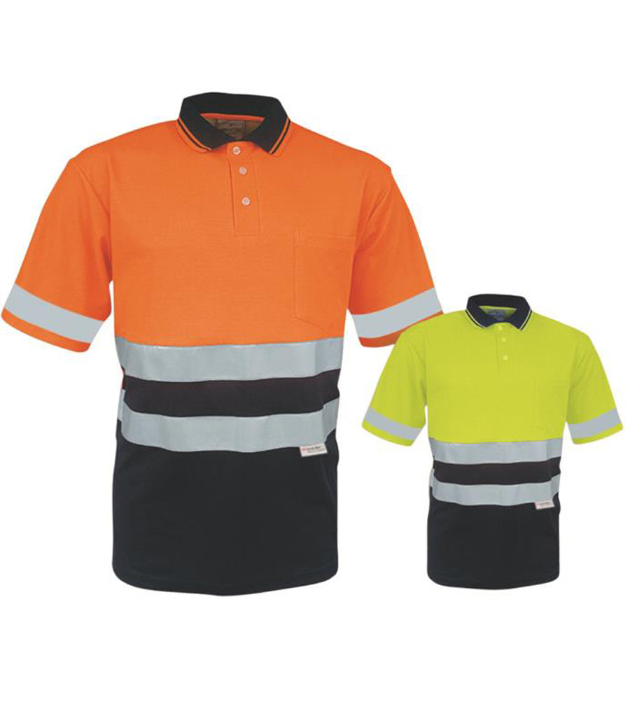 Unisex Adults Hi-Vis Polyface / Cotton back Polo With 3M Reflective Tape in Orange/Navy