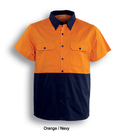 Unisex Adults Hi-Vis Cotton Twill Shirt S/S in Orange/Navy