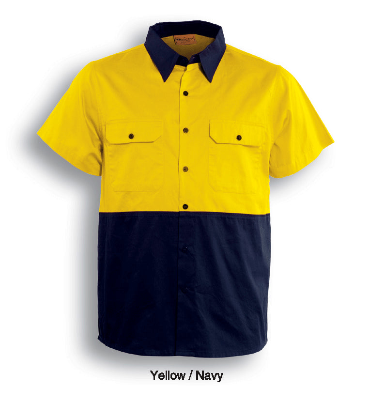 Unisex Adults Hi-Vis Cotton Twill Shirt S/S in Yellow/Navy