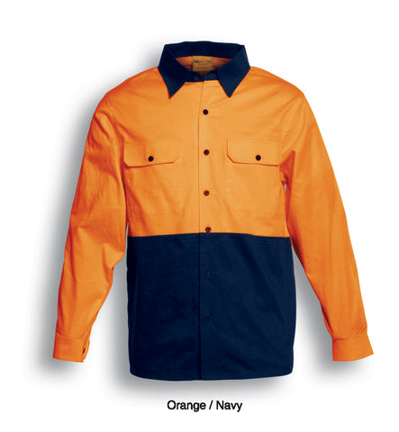 Unisex Adults Hi-Vis Cotton Twill Shirt L/S in Orange/Navy