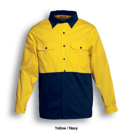 Unisex Adults Hi-Vis Cotton Twill Shirt L/S in Yellow/Navy
