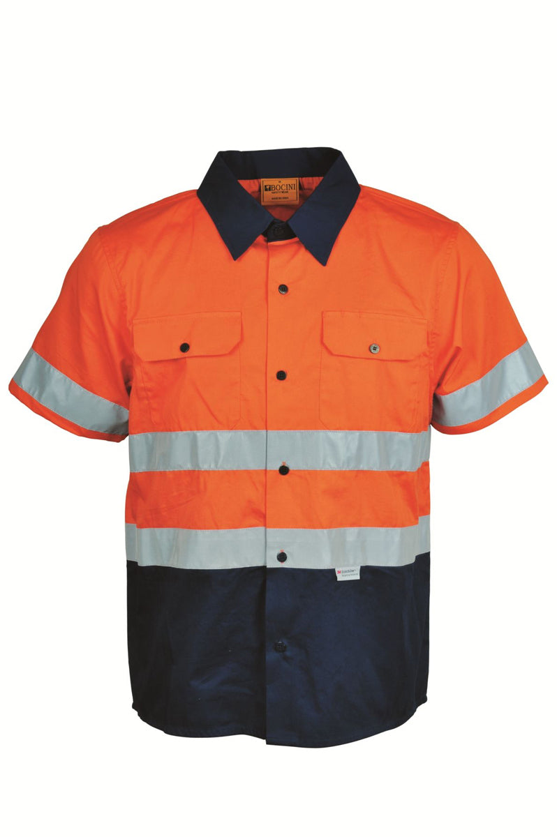 Unisex Adults Hi-Vis S/S Cotton Drill Shirt With Reflective Tape in Orange/Navy